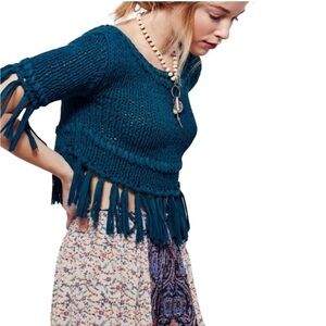 Free People On The Fringe Open Knit Sweater Size M Green